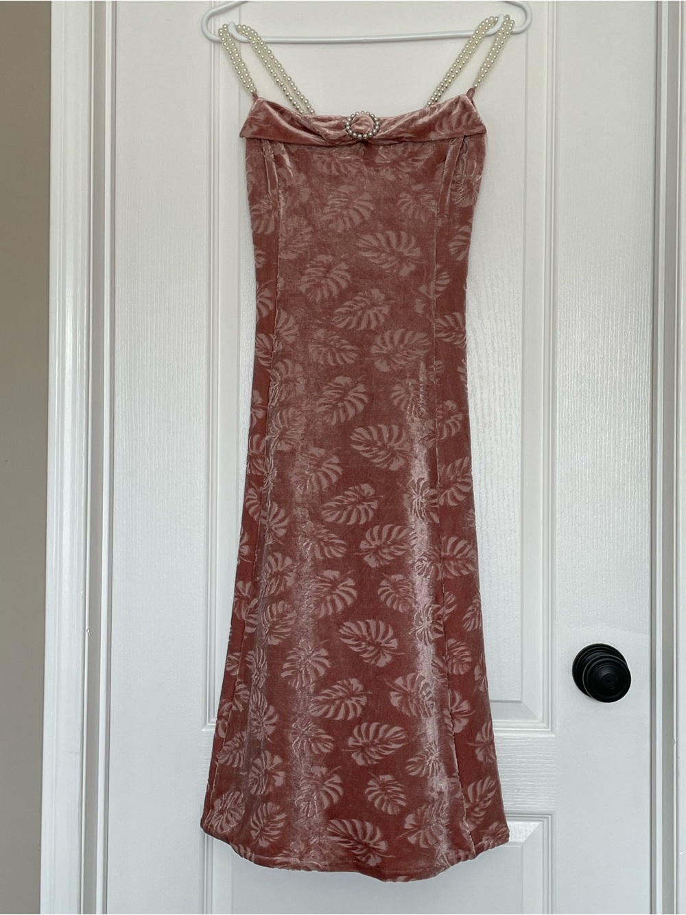 Vintage-Inspired Velvet Slip Dress with Pearl Straps - Dusty Rose Leaf Print